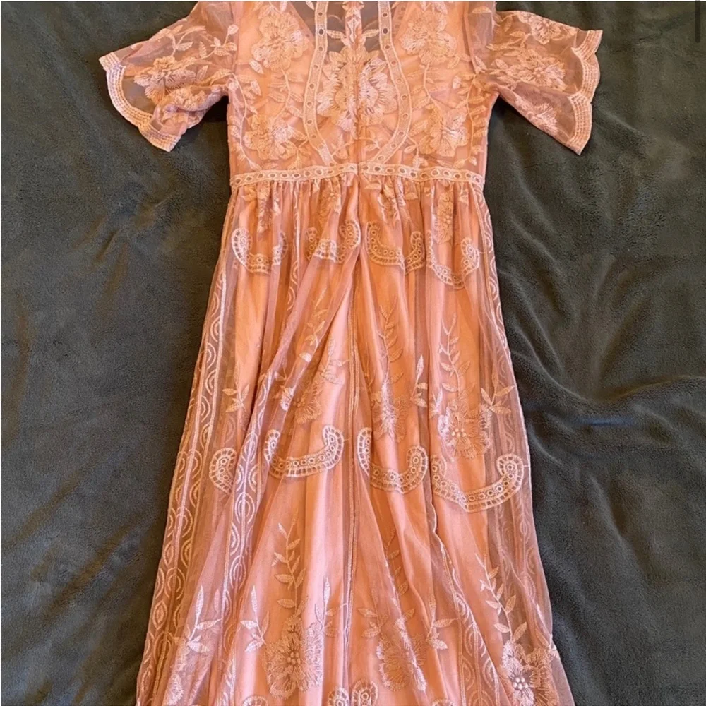 Light Pink Lace Mesh Overlay Maternity Maxi Dress - Picture 3 of 5